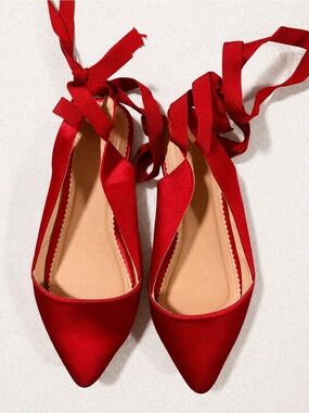 Red Satin Pointed Tie-Up Flats with Wrap Laces